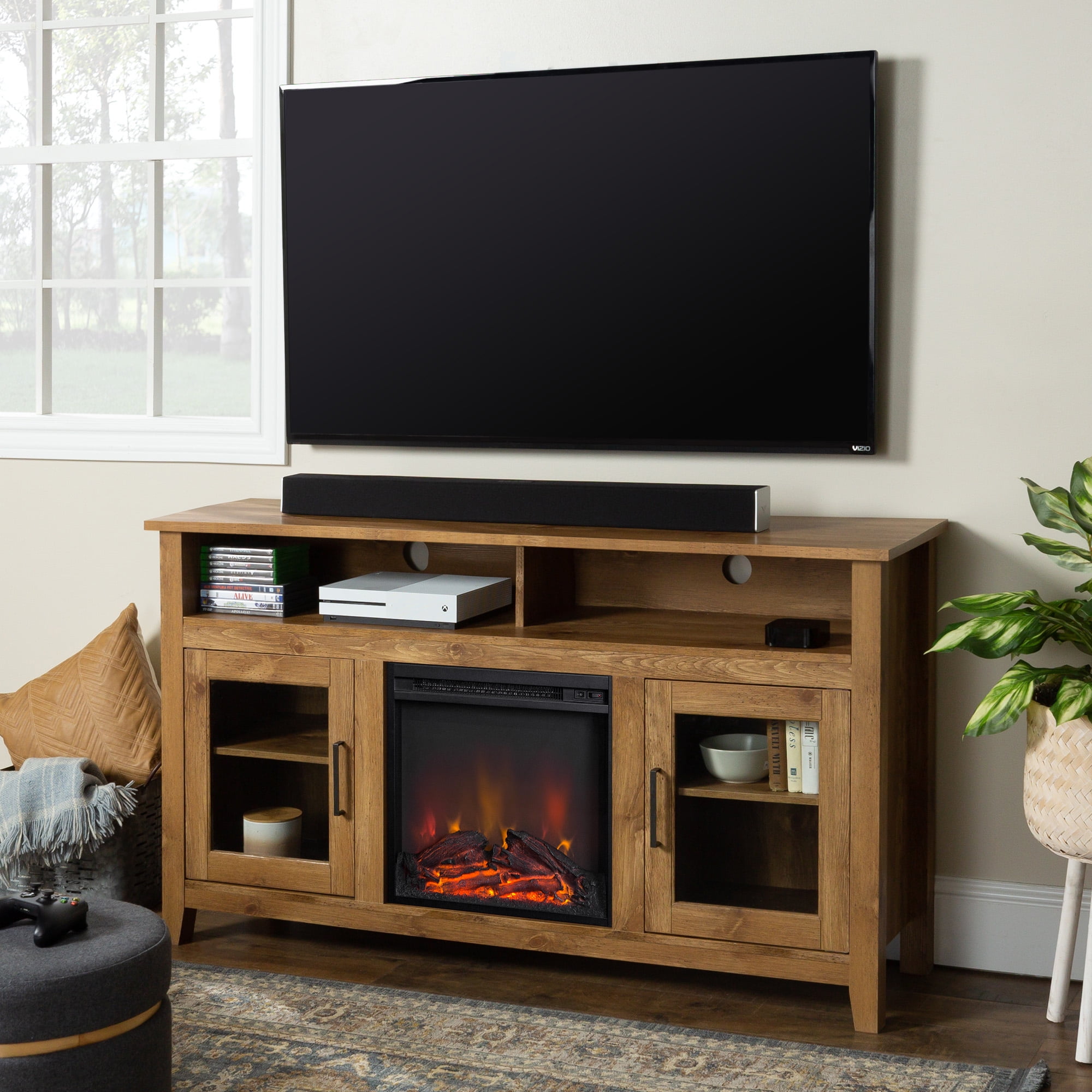 Woven Paths Highboy 2 Door Electric Fireplace TV Stand for TVs up to 65