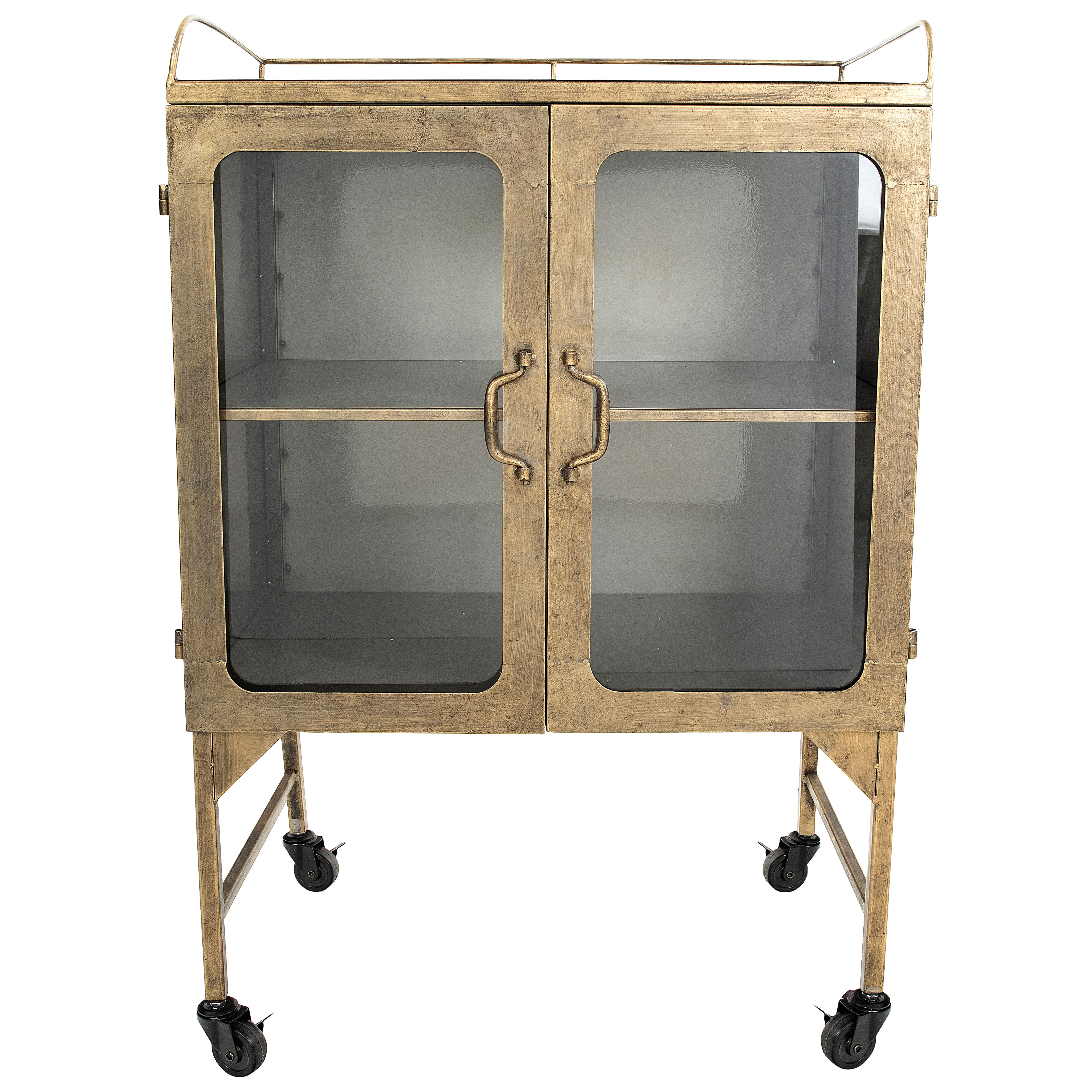 Antique Brass Metal Bathroom Cabinet with Glass Doors and Locking Wheels