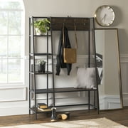 Woven Paths Modern Hall Tree with Bench and 5 Shelves, Reclaimed Barnwood