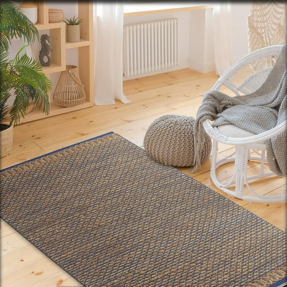 Woven Paths Ollie 9' x 12' Brown/Blue Striped Geometric Braided Jute Indoor Area Rug