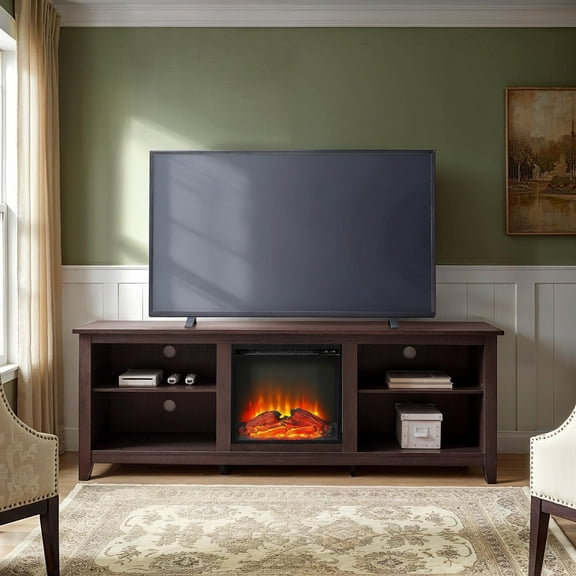 Walker Edison Open Storage Fireplace TV Stand for TVs Up to 80", Espresso