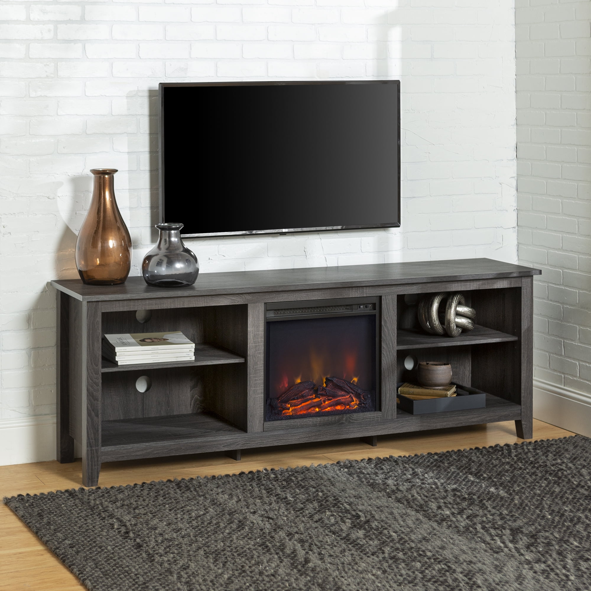 Woven Paths Open Storage Fireplace TV Stand for TVs up to 80", Charcoal ...