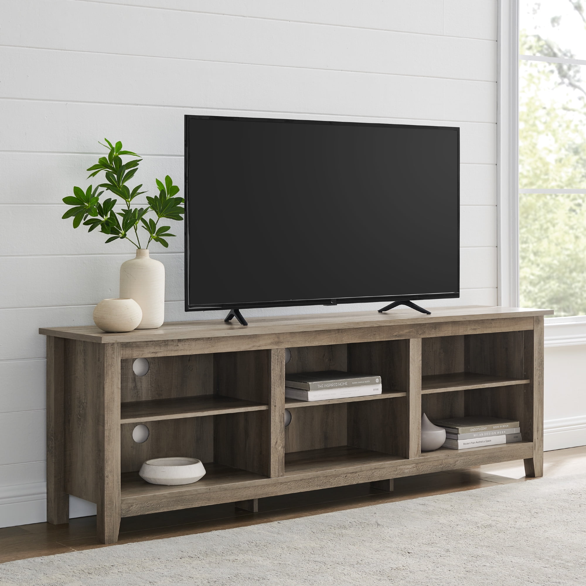 Woven Paths Open Storage TV Stand for TVs up to 80", Grey Wash