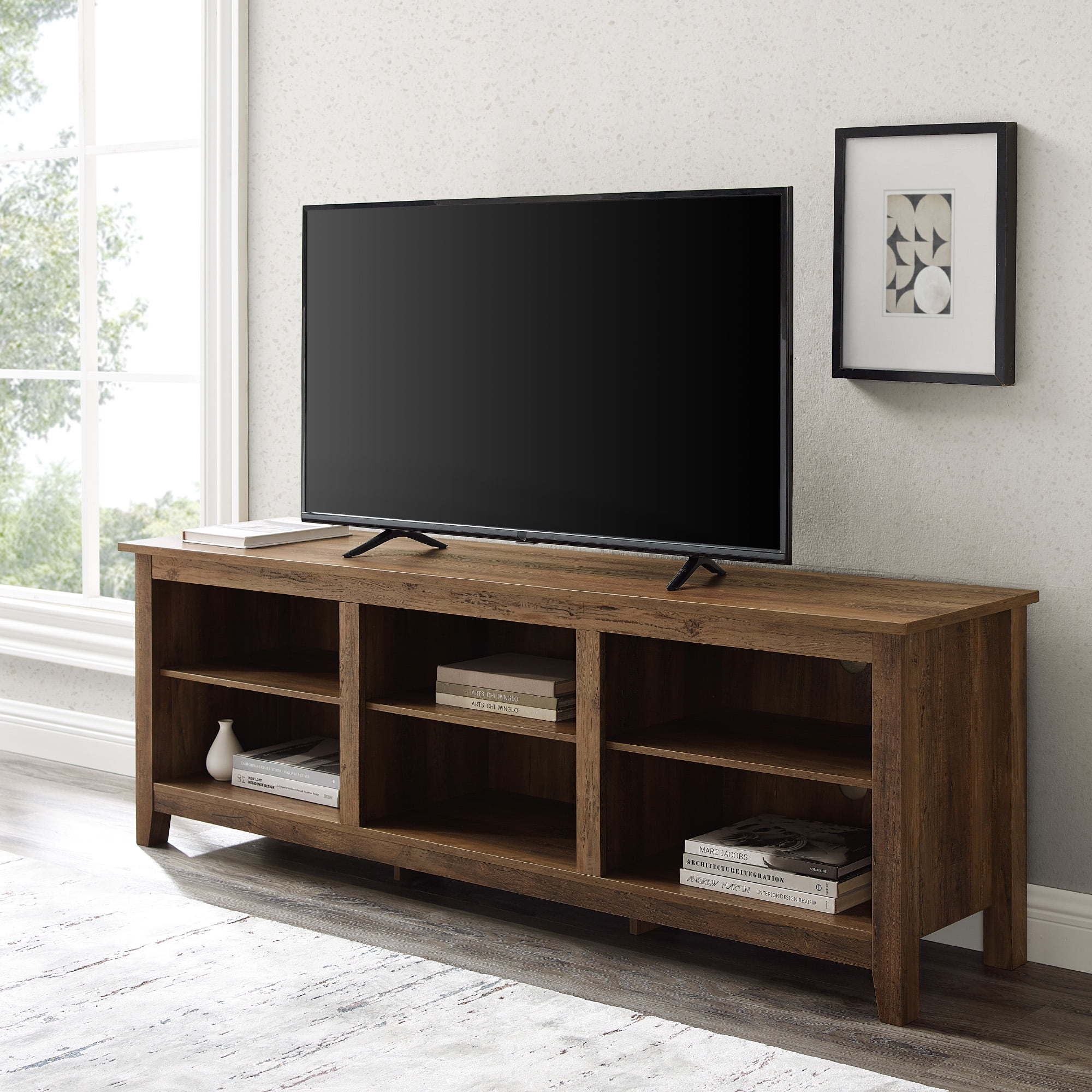 Woven Paths Open Storage TV Stand for TVs up to 80", Reclaimed Barnwood