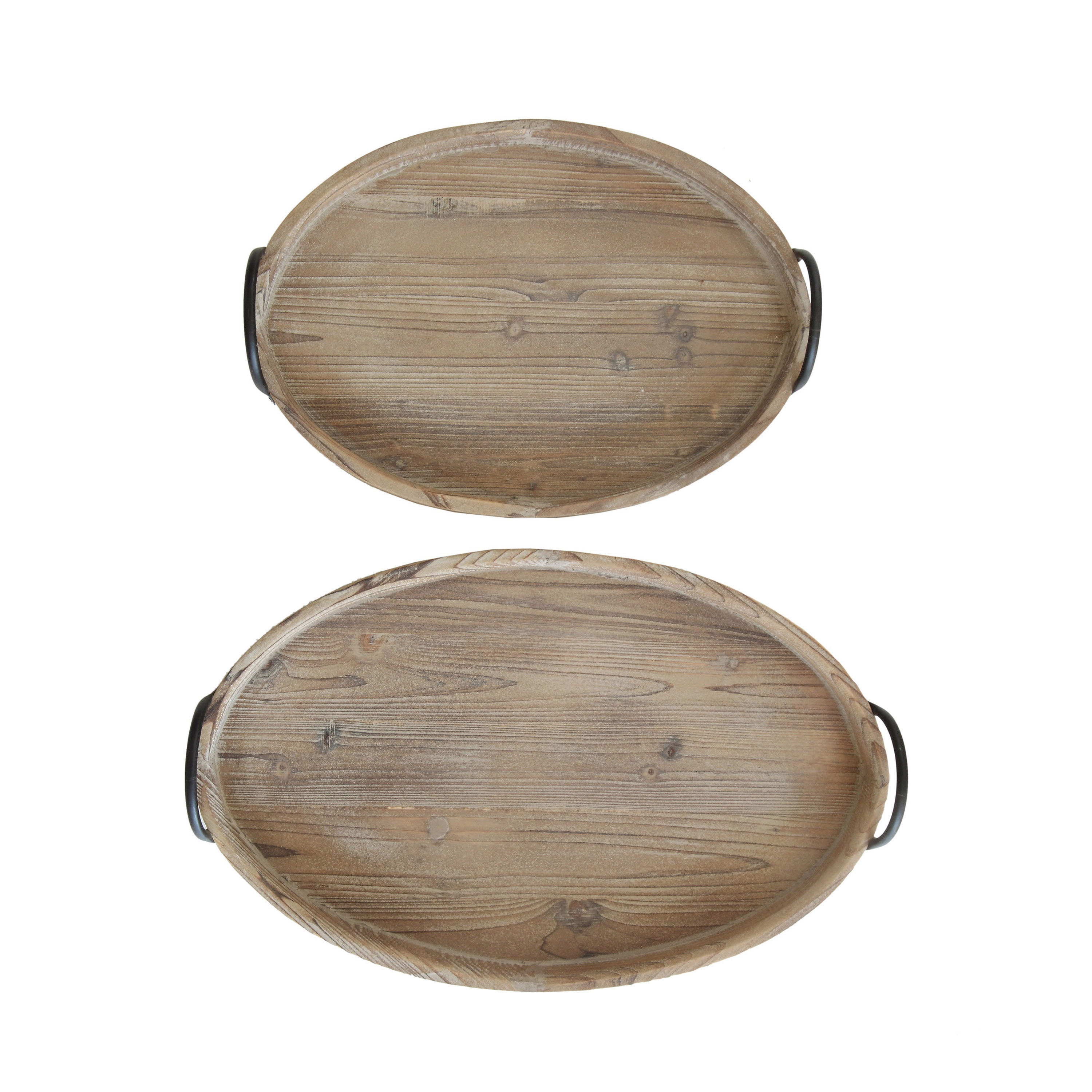 Oval Light Brown Wood Trays with Metal Handles, Set of 2