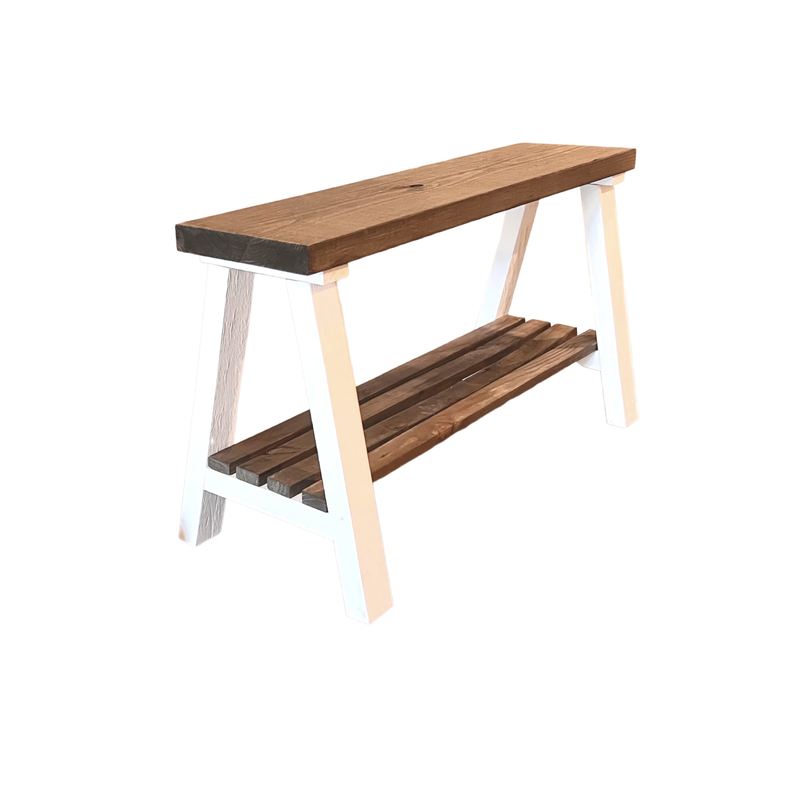 Woven Paths Rustic Farmhouse Pine Wood Storage Shelf Bench, Dark Walnut