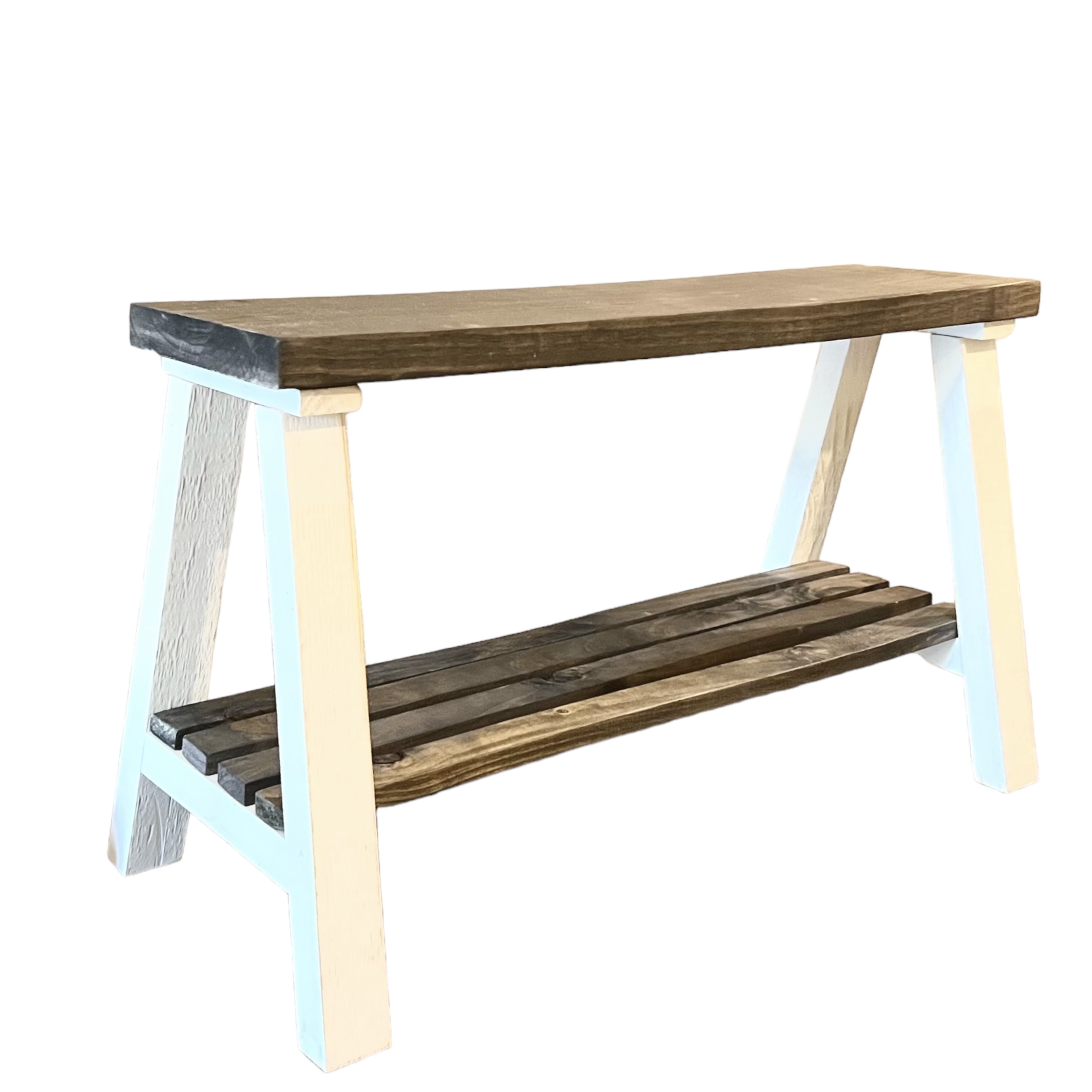 Woven Paths Rustic Farmhouse Pine Wood Storage Shelf Bench, Gray/White