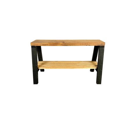 Woven Paths Rustic Farmhouse Pine Wood Storage Shelf Bench, Walnut and Black 17 in H x 35.5 in W x 14 in D