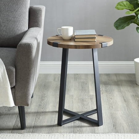 Woven Paths Rustic Wood and Metal Round End Table, Reclaimed Barnwood