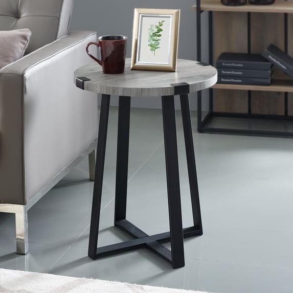 Woven Paths Rustic Wood and Metal Round End Table, Slate Grey