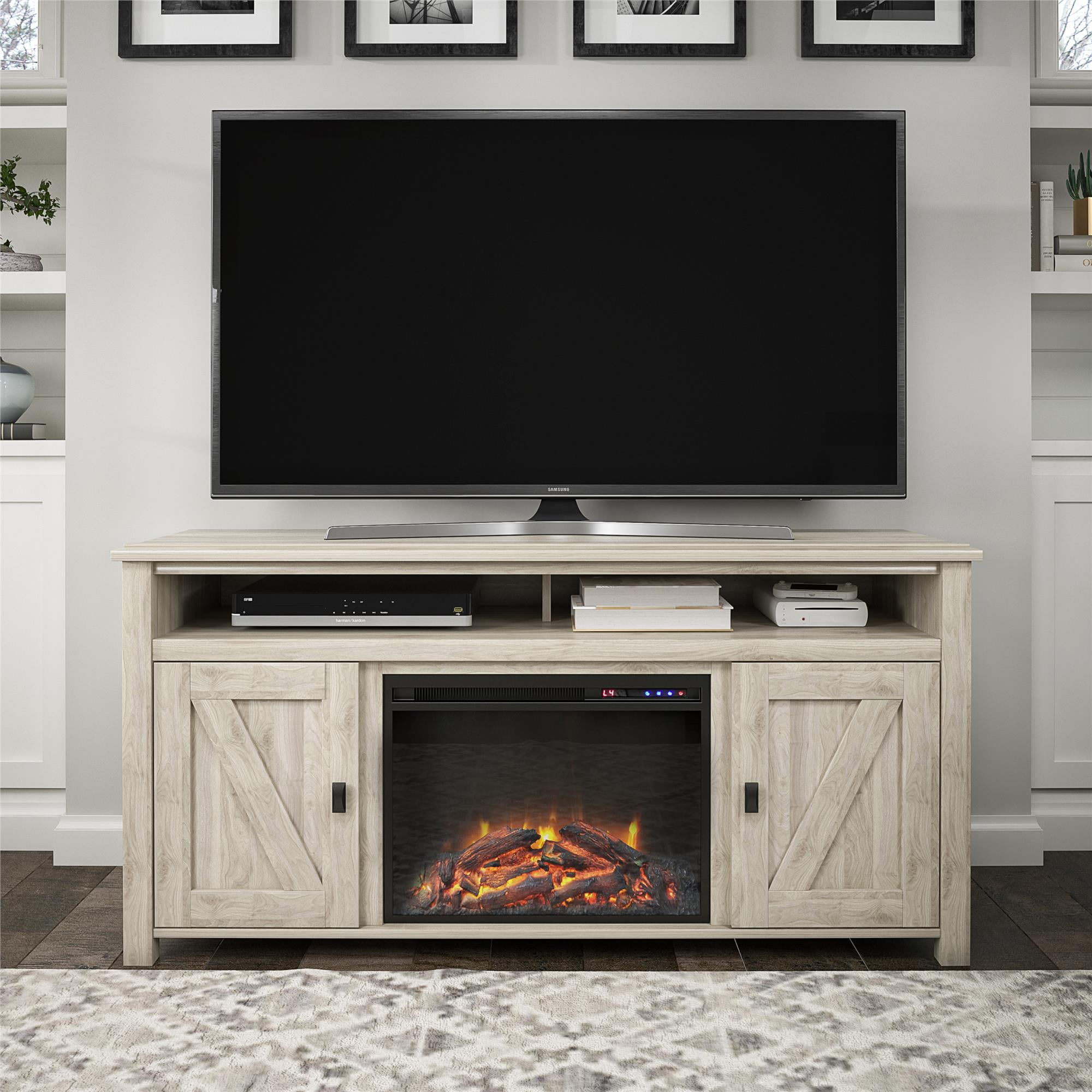 Woven Paths Scandi Farmhouse Electric Fireplace TV Console for TVs up to 60", Light Walnut