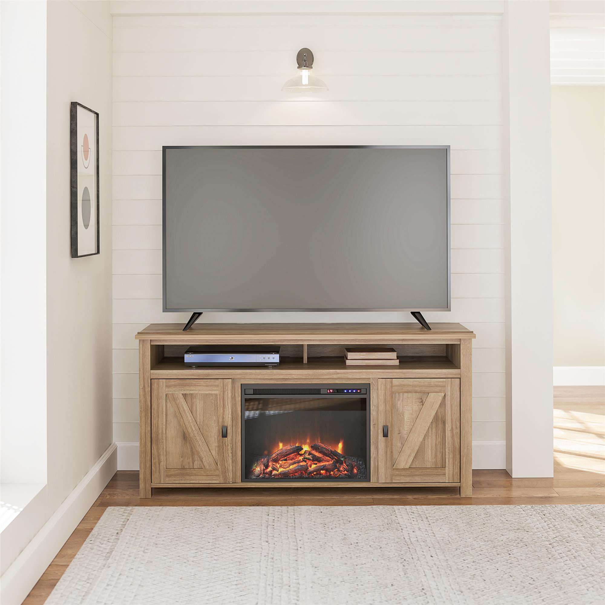 Farmington Natural Wood Electric Fireplace TV Console with Cabinets