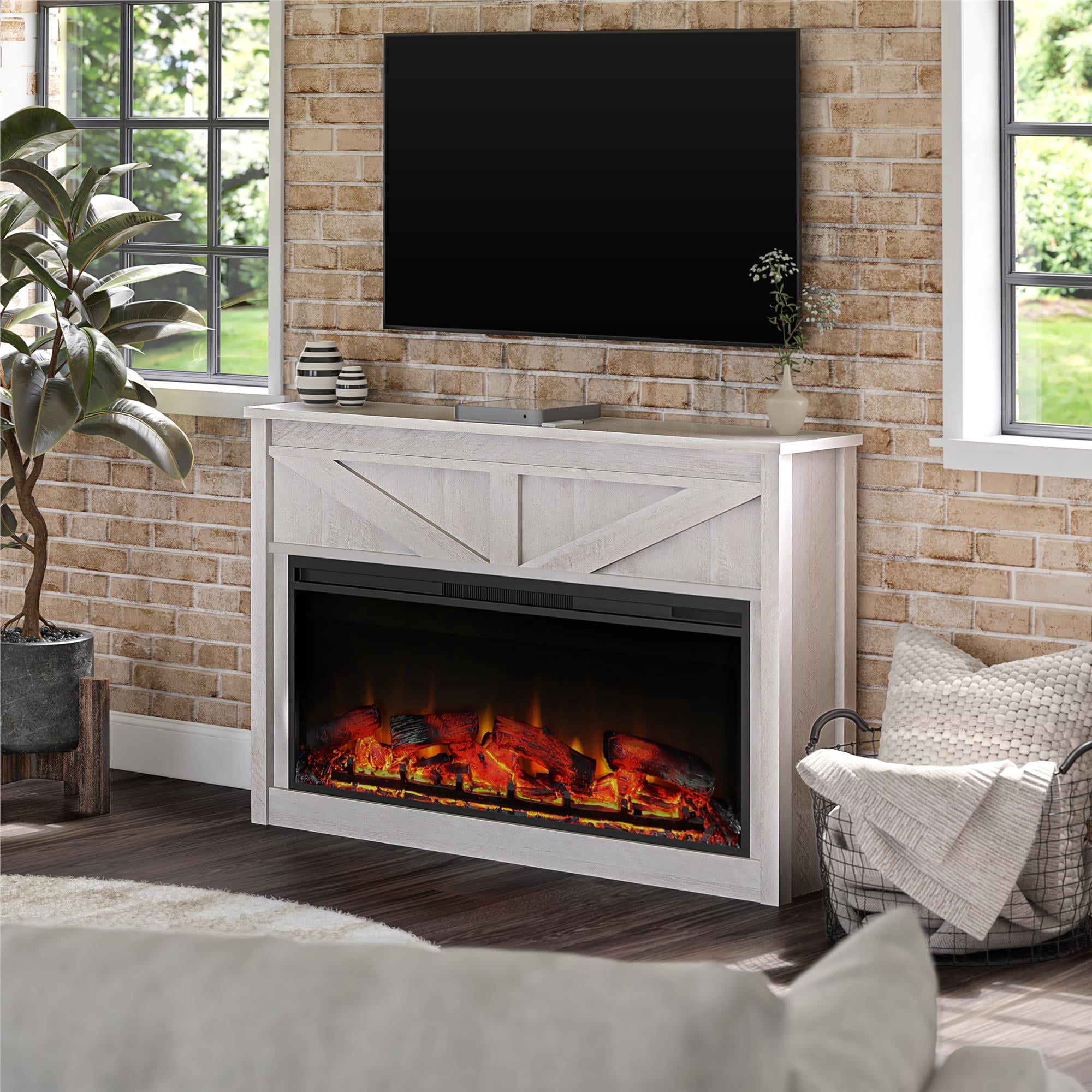Woven Paths Scandi Farmhouse Wide Modern Farmhouse Mantel with Electric Fireplace, Ivory Oak