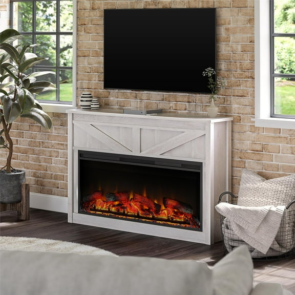 Farmington Wide Modern Farmhouse Mantel with Electric Fireplace, Ivory Oak