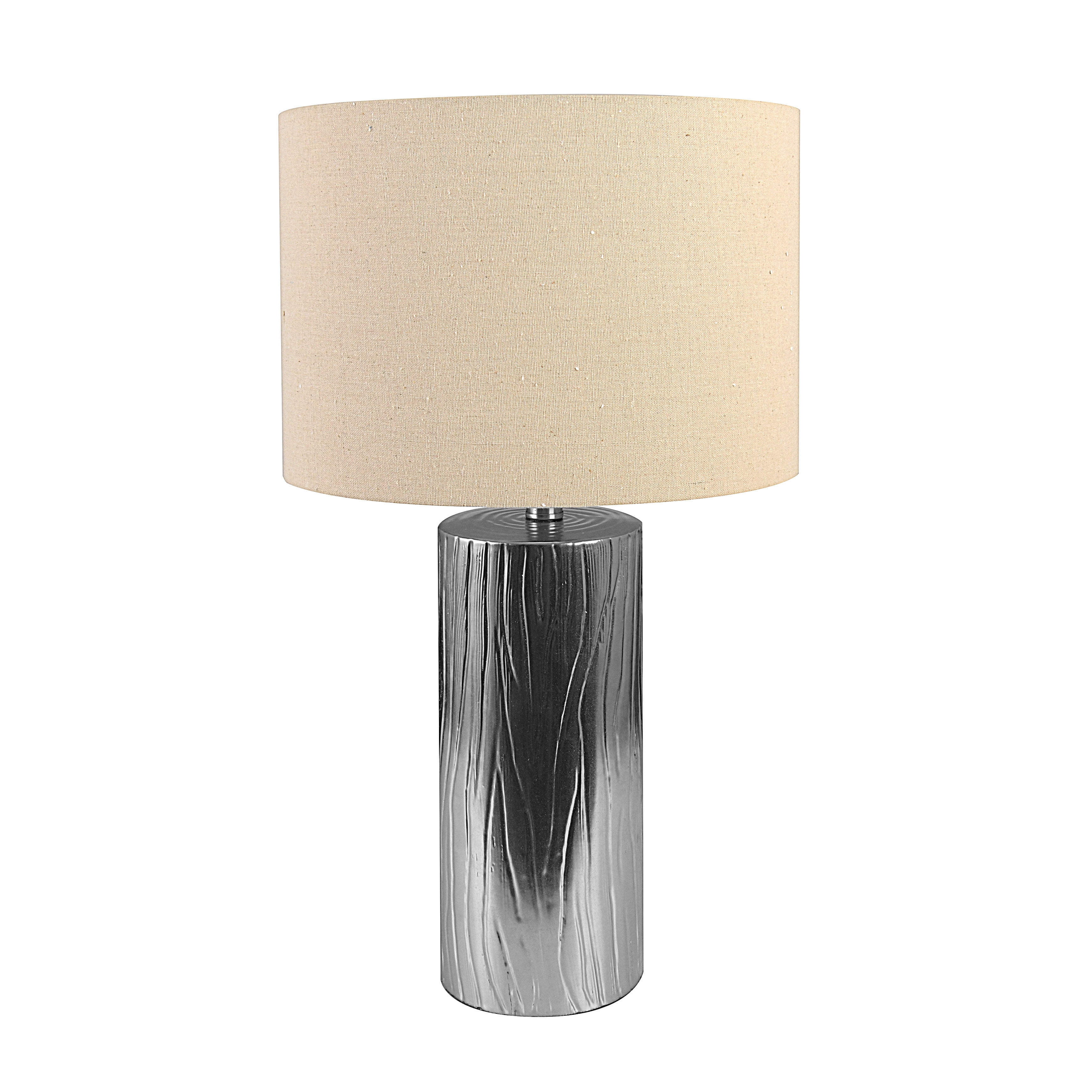 Silver Faux Bois Stoneware Table Lamp with Cream Linen Shade, 25"