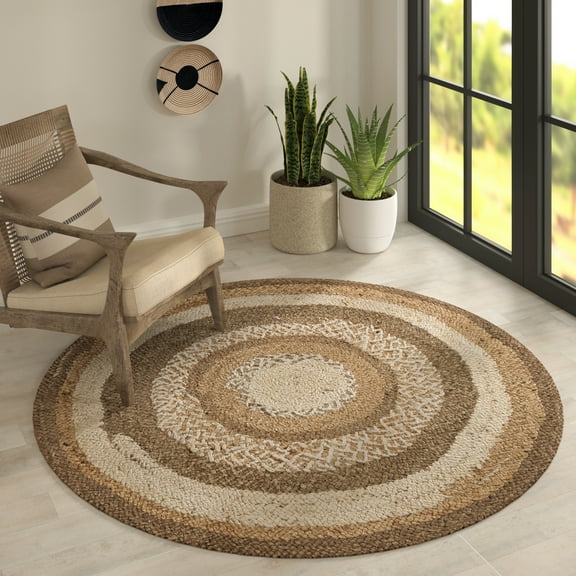 Woven Paths Cora 6' Round Brown/Beige Striped Hand-Braided Natural Jute Indoor Area Rug