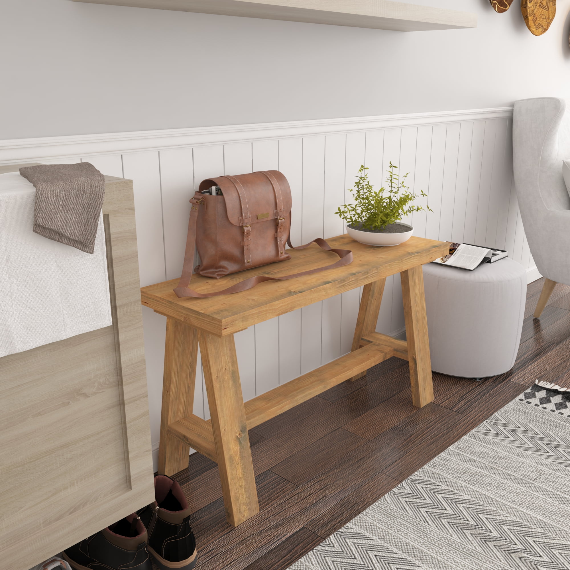 Woven Paths Simple Pine Wood Bench Small Light Brown