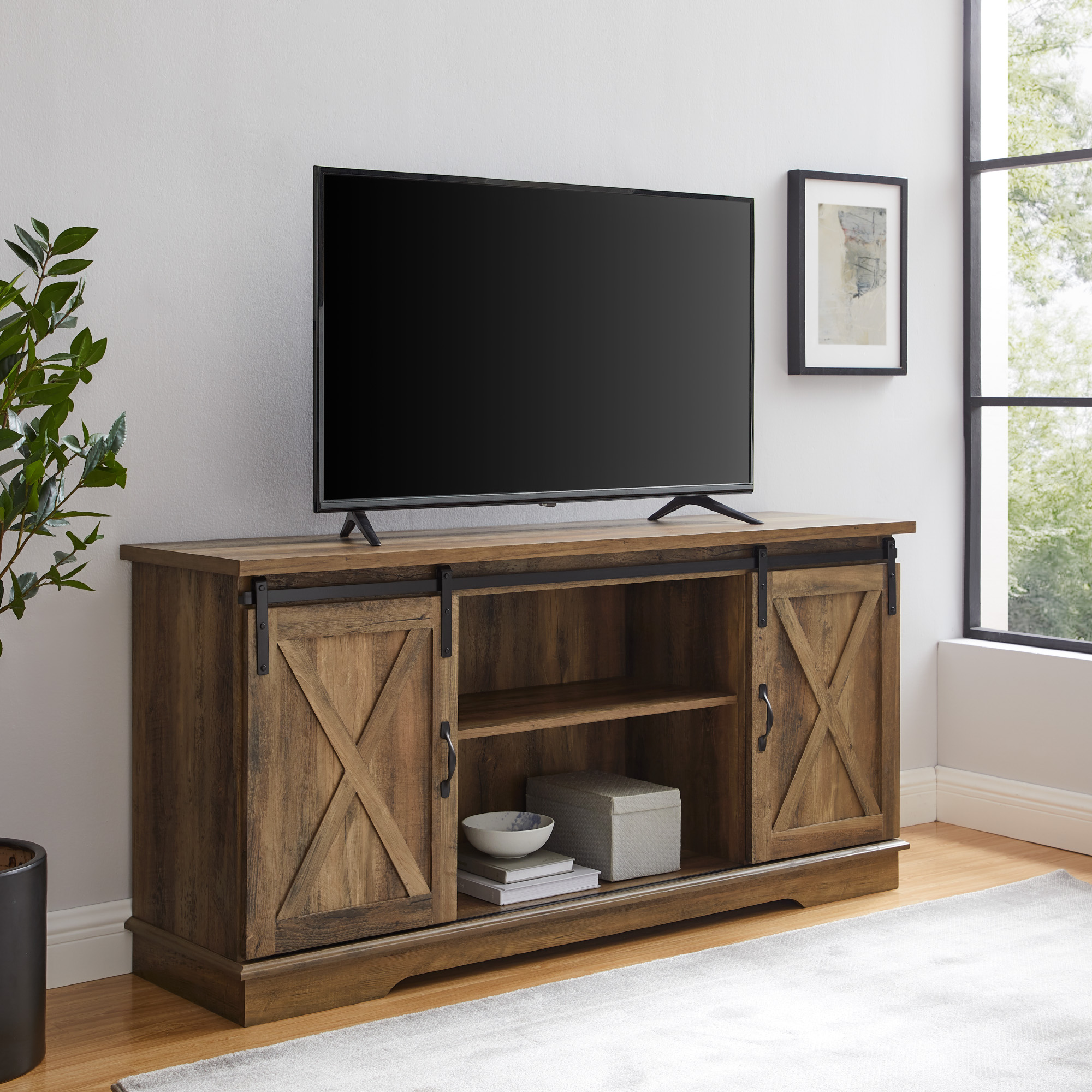 Woven Paths Sliding Farmhouse Barn Door TV Stand for TVs up to 65", Reclaimed Barnwood - image 1 of 11