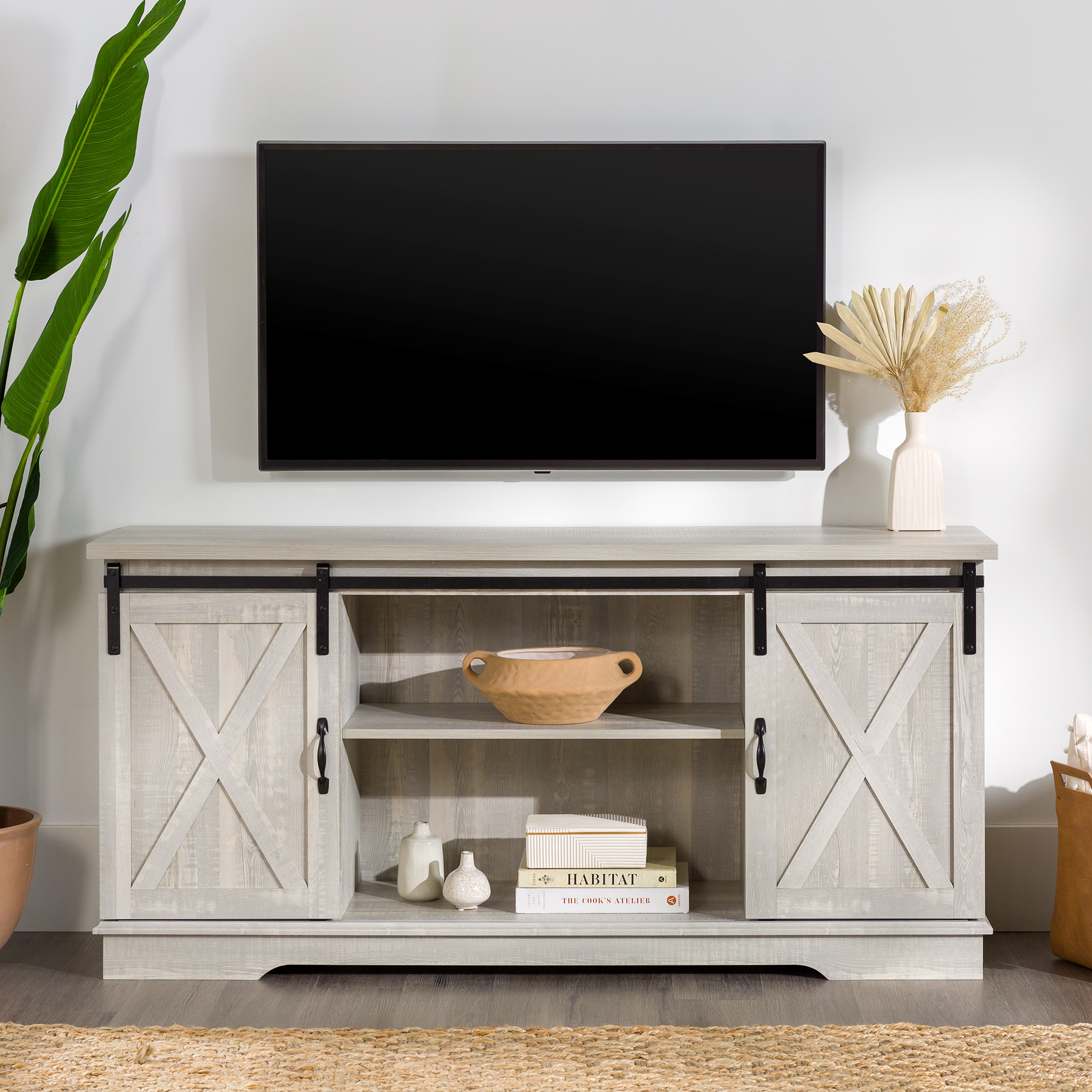 Woven Paths Sliding Farmhouse Barn Door TV Stand for TVs up to 65", Stone Grey - image 1 of 16
