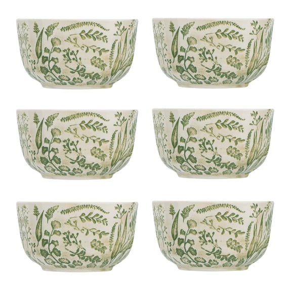 Woven Paths Stoneware Bowls with Embossed Green Pattern, Set of 6 Bowls