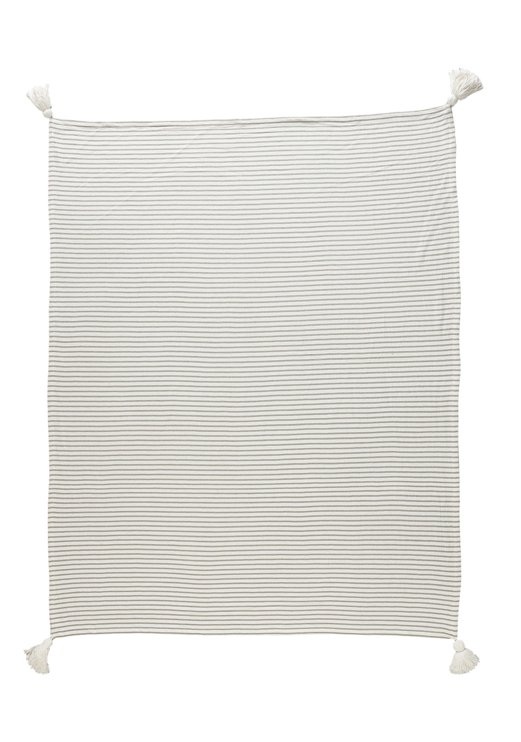 Gray and White Cotton Striped Throw Blanket with Tassels