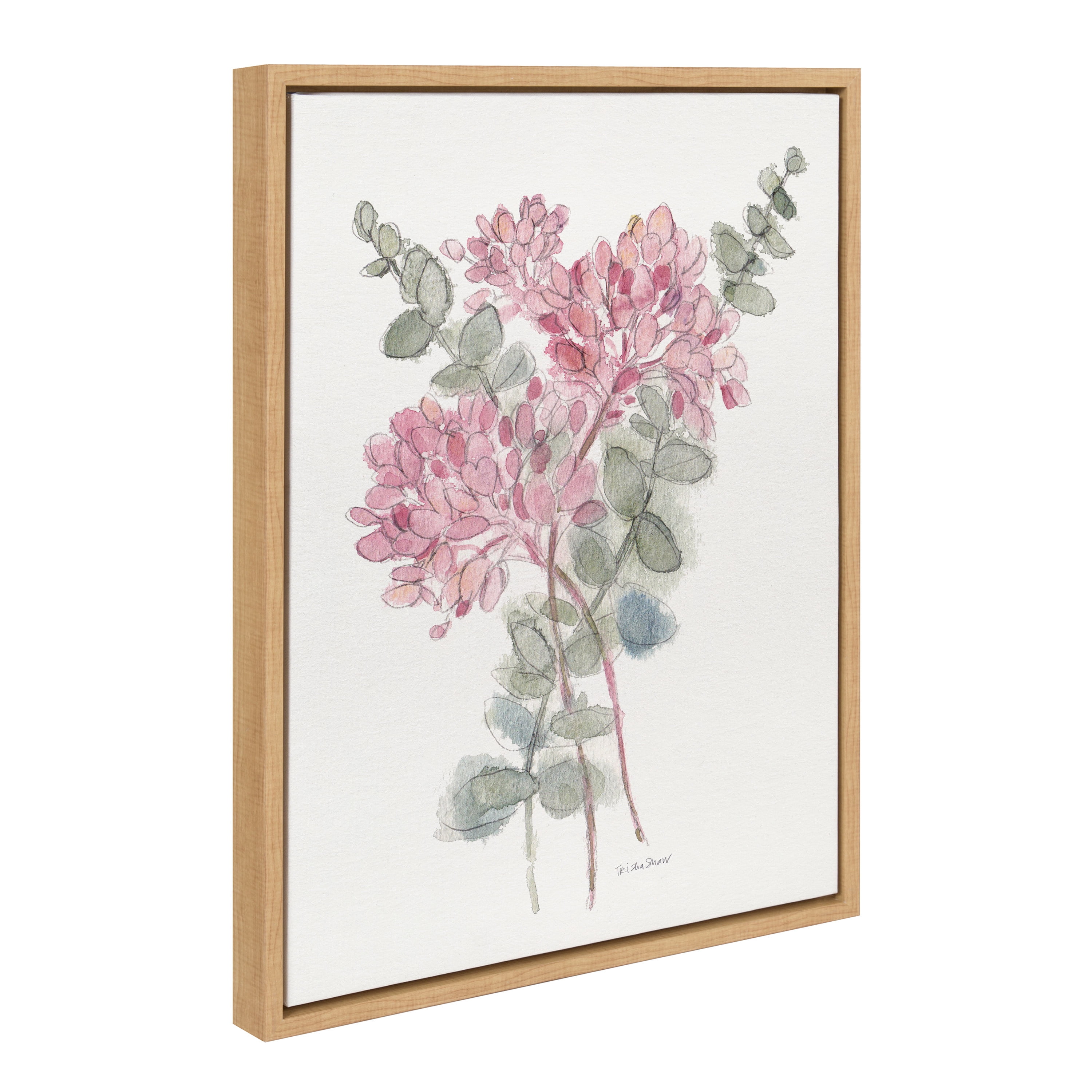 Woven Paths Sylvie Soft Pinkheart Florals and Eucalyptus Framed Canvas Wall Art by Patricia Shaw, 18x24 Natural, Minimalist Botanical Wall Décor
