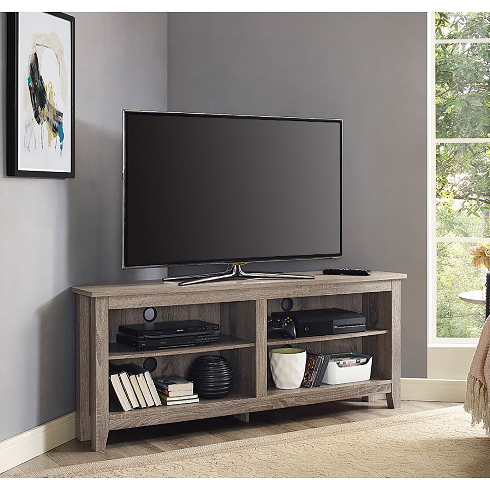 Rustic Corner Media Stand for 65" TVs in Driftwood Finish