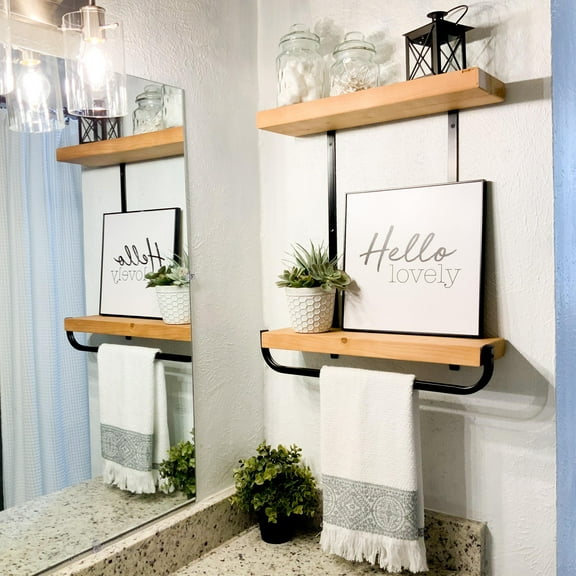 Woven Paths Two Tiered Kitchen and Bath Shelf with Towel Bar, 20 in Walnut