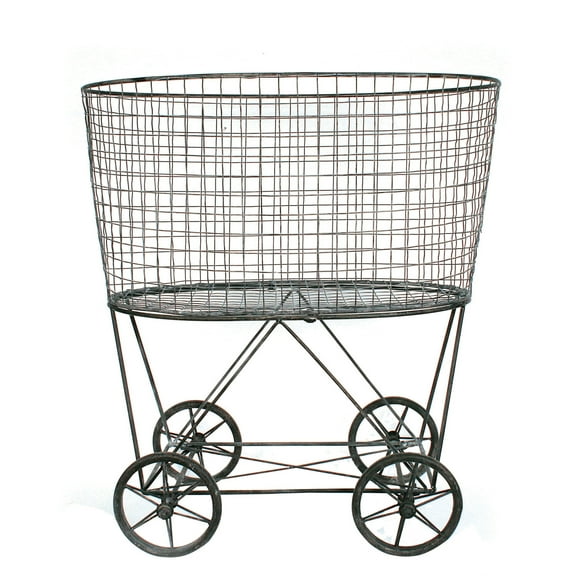 Woven Paths Vintage Iron Laundry Basket with Wheels, 24.75" x 27", Black