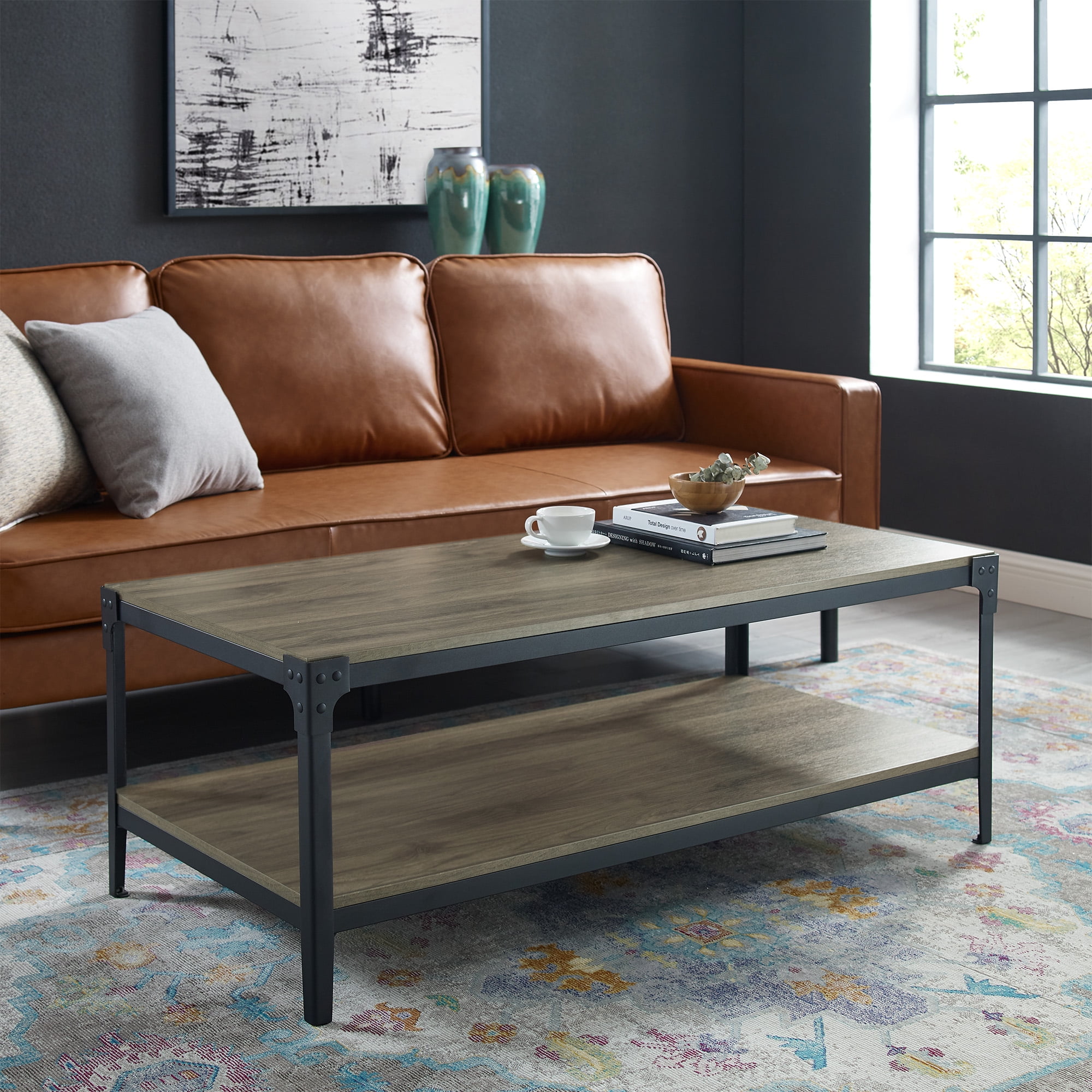 Woven Paths Wilson Angle Iron Rustic Coffee Table, Slate Grey