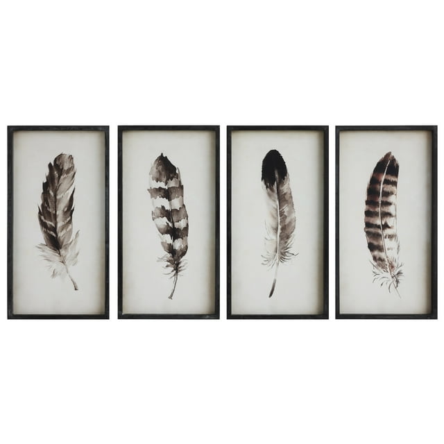 Woven Paths Wood Framed Black and White Feather Prints, 12.5" x 23.5