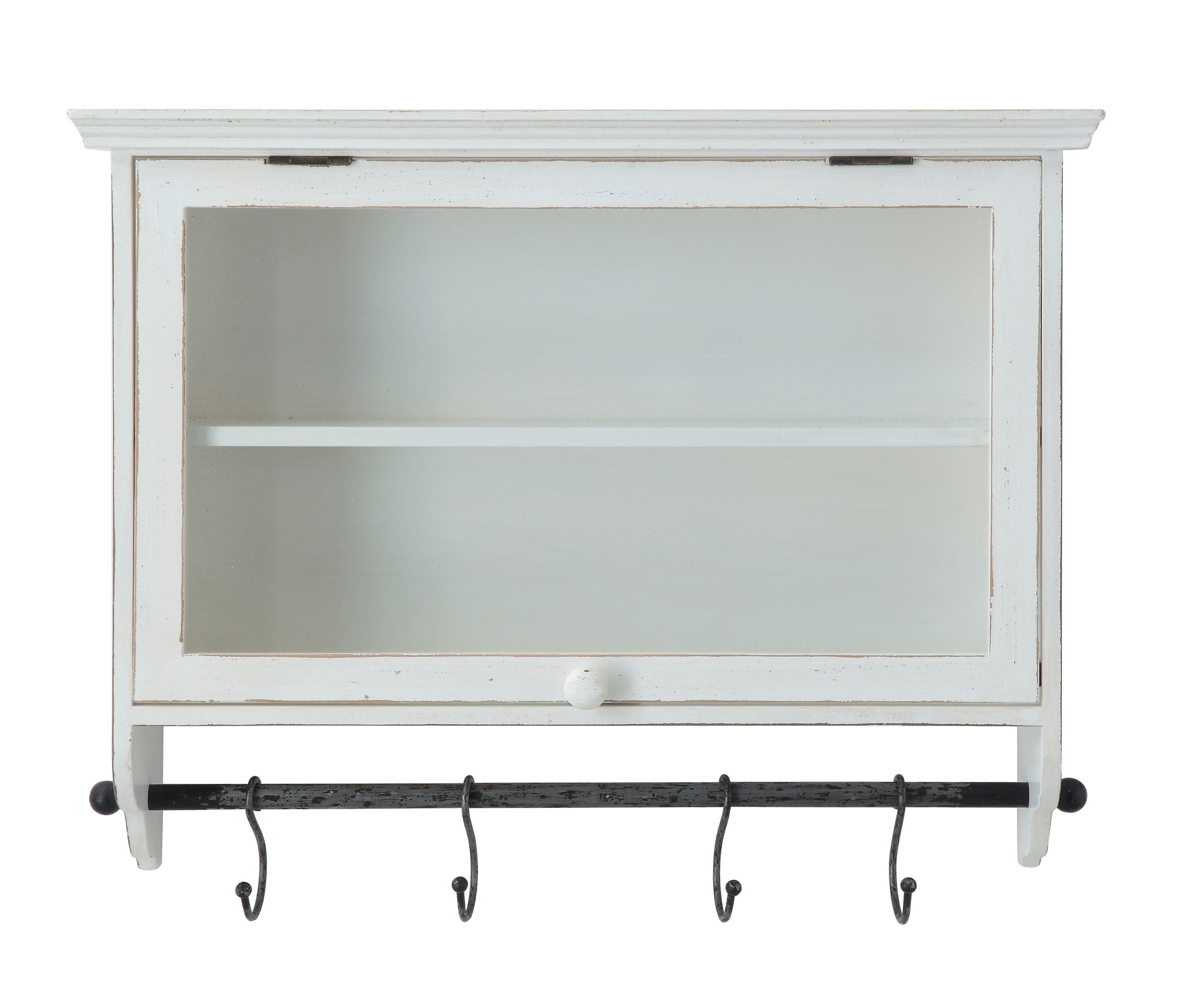 Ivory Wood and Glass Wall Cabinet with Hooks
