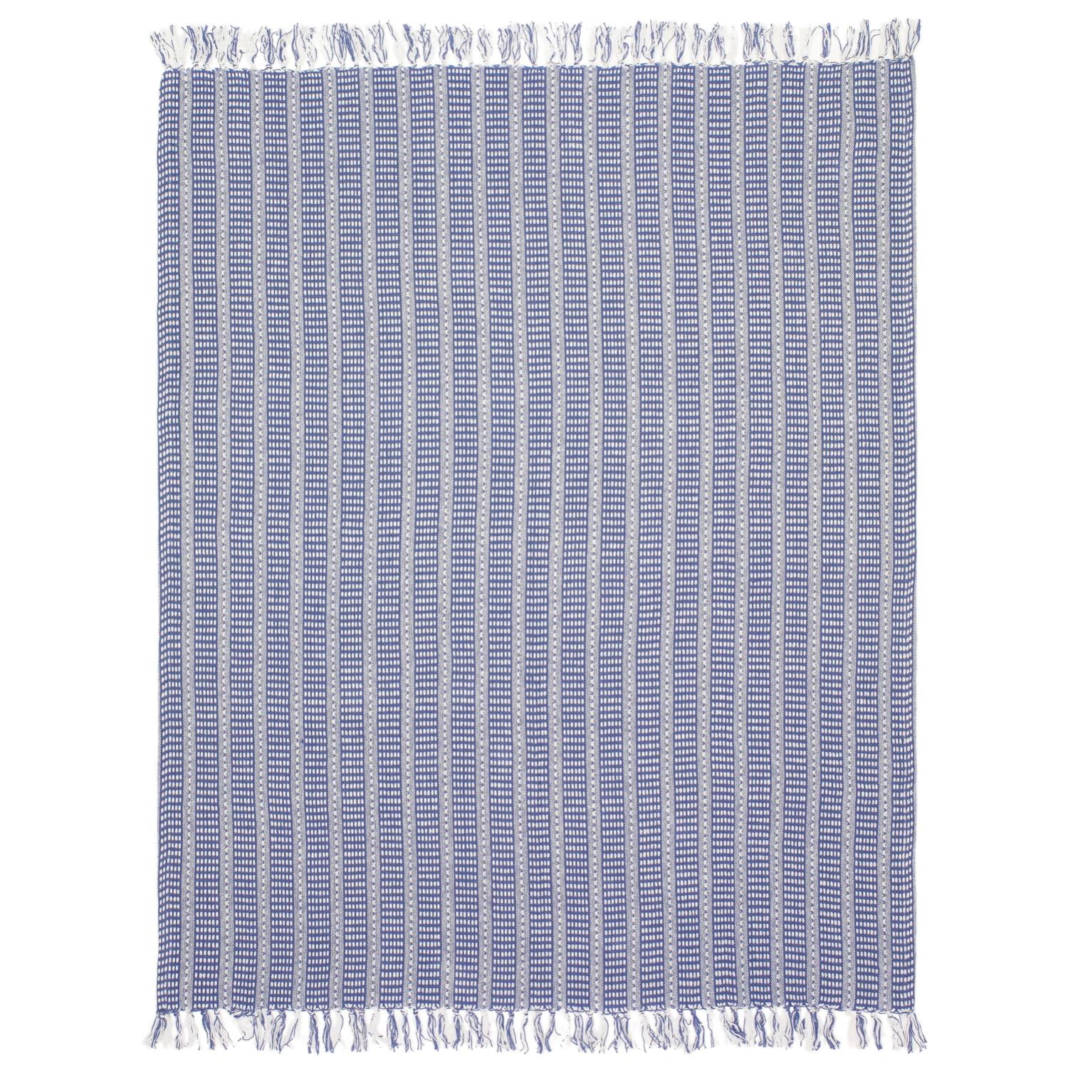 Chic Navy and White Striped Fringed Organic Cotton Throw, 50" x 60"