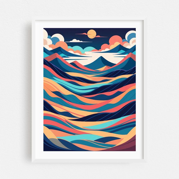 Woven Peaks and Sunset Waves - Painting Abstract Geometric Modern Art Minimalist Sunset White Framed Wall Art Print 5 x 7 inches