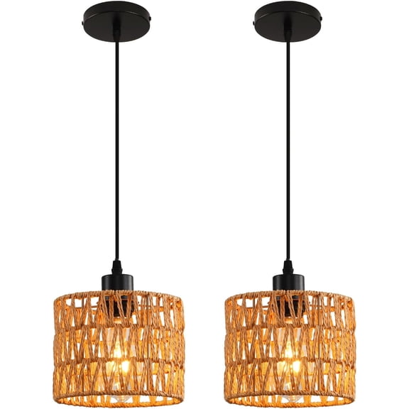 Woven Pendant Light Boho Chandelier, Rattan Pendant Lights Kitchen Island, Farmhouse Pendant Lighting with Hand Woven Wicker Shade, Boho Chandelier Light Fixtures Ceiling Hanging Light