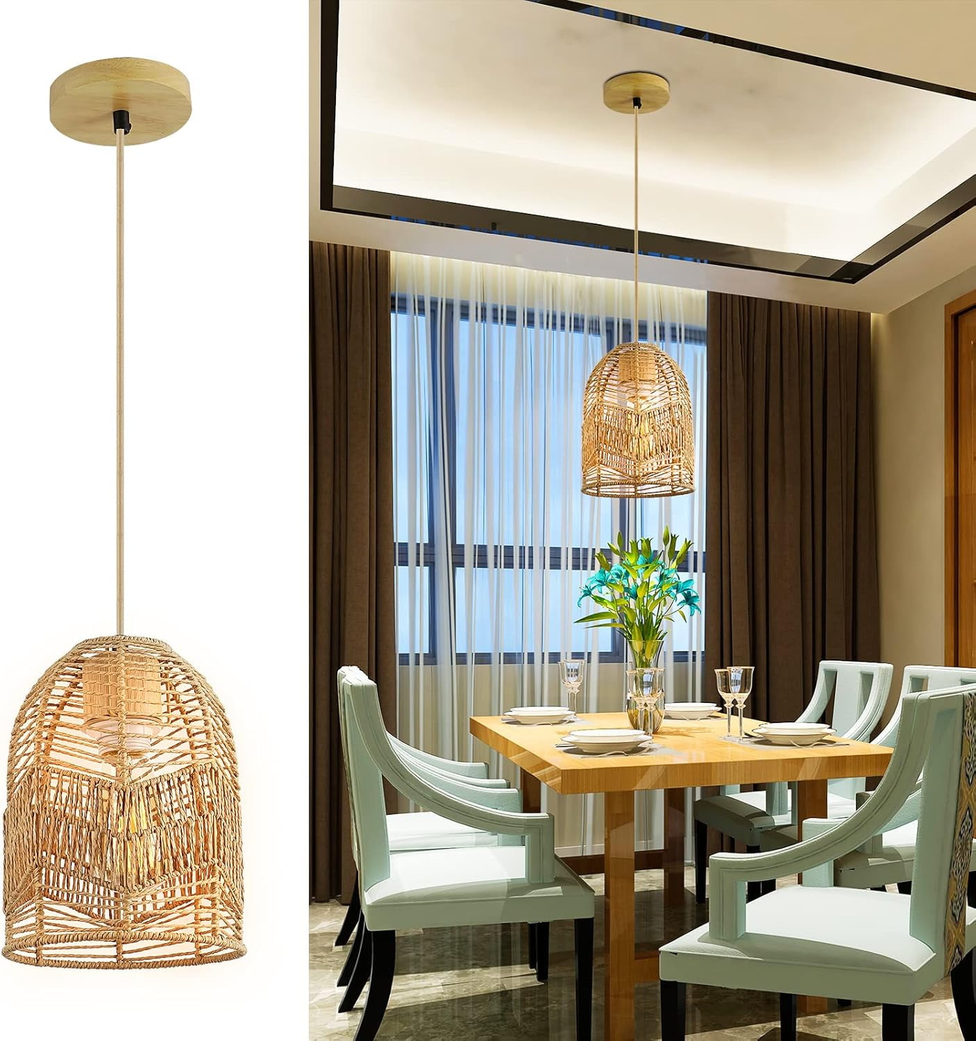 Woven Pendant Lights Kitchen Island Adjustable Rattan Pendant Light ...
