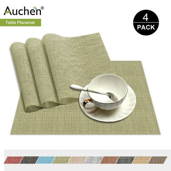 Woven Placemats, Vinyl Non-Slip Insulation Placemat Washable Table Mats, Vintage Plastic PVC Placemat, Easy to Clean Wipeable Crossweave Woven Placemat for Dining Table, 12"×18" - 4 PCS, Green