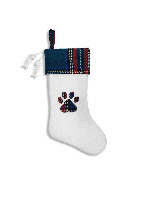 Woven Plaid and Felt Pet Christmas Stocking with Paw Print and Bone Charms