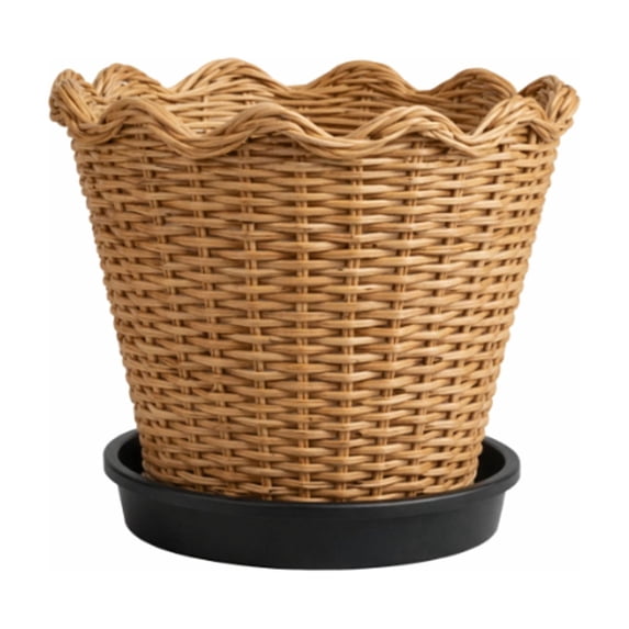 Woven Plant Basket Rattan Planter Cover Wicker Flower Pot,Handmade Scalloped Rim Straw Container for Potted Greenery,Rustic Boho Desktop Floor Holder Bin for Living Room Home Decor