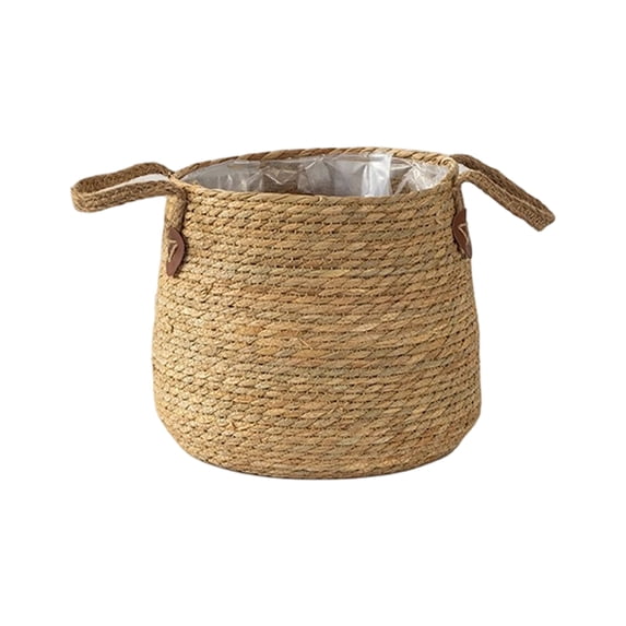 Woven Plant Basket Seagrass Planter Pot Cover with Handles,26x28cm Handmade Natural Straw Container for Indoor Potted Plants,Rustic Boho Decor for Living Room Office Home Garden