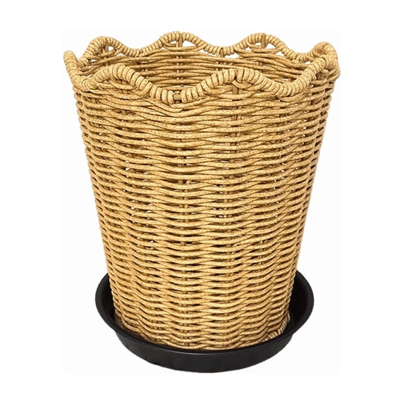 Woven Plant Pot Rattan Planter Basket Scalloped Edge Flower Pot,Handmade Decorative Container with Drip Tray for Indoor Potted Plants,Rustic Boho Farmhouse Style Home Office Garden Decor