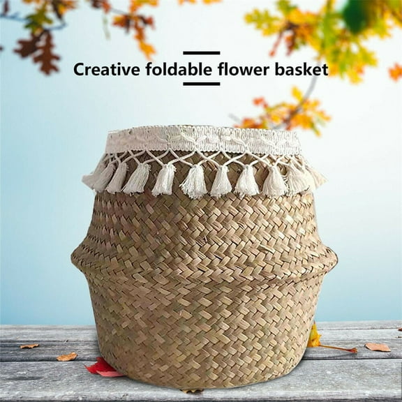 Woven Planter, Creative Home Furnishings Folding Grass Woven Flower Pot Flower Basket Extra Large For Home And Balcony Decoration