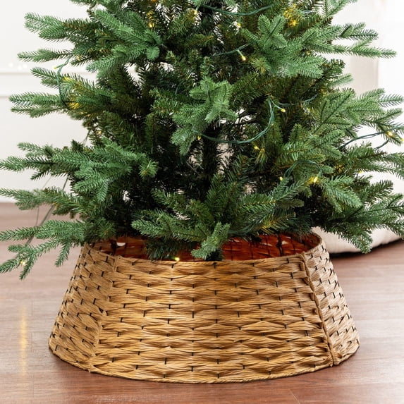 Woven Plastic Christmas Tree Collar, Textured Woven Xmas Tree Base Ring Skirt 60x40x17cm for Artificial Trees, Cozy Indoor Festive Holiday Decoration