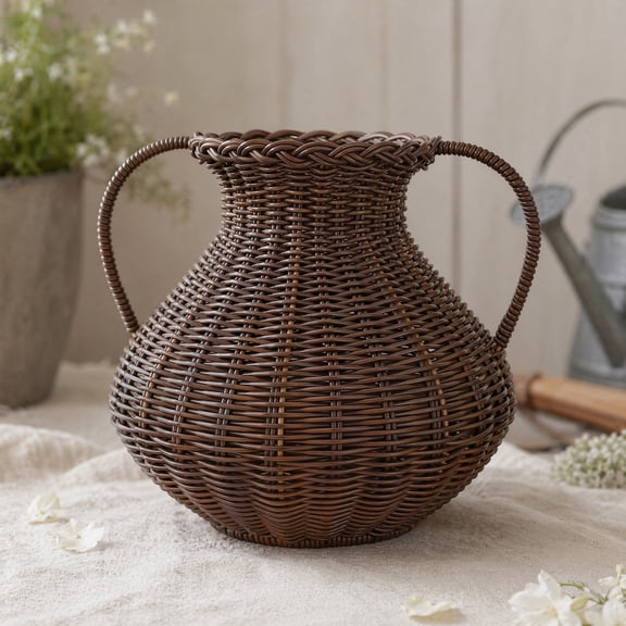 Woven Plastic Flower Basket with Two Handles, Rustic Floral Vase Arrangement Container in Deep Brown