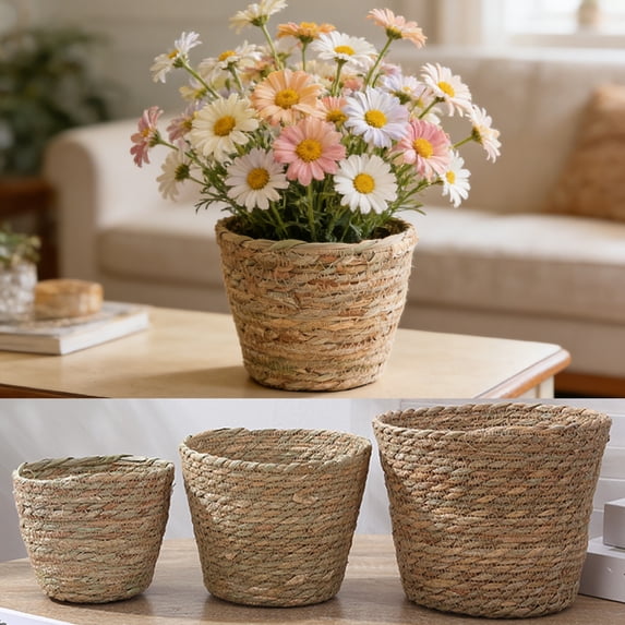Woven Plastic Flower Pot Basket, Multicolor Decorative Planter Holder for Artificial Plants, Home Decor Storage Bin for Living Room, Patio, or Garden (1 Pc)
