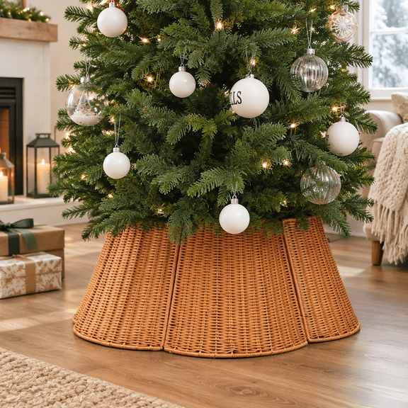 Woven Plastic Rattan Scalloped Edge Christmas Tree Collar, 27.95 Inch Bottom Diameter
