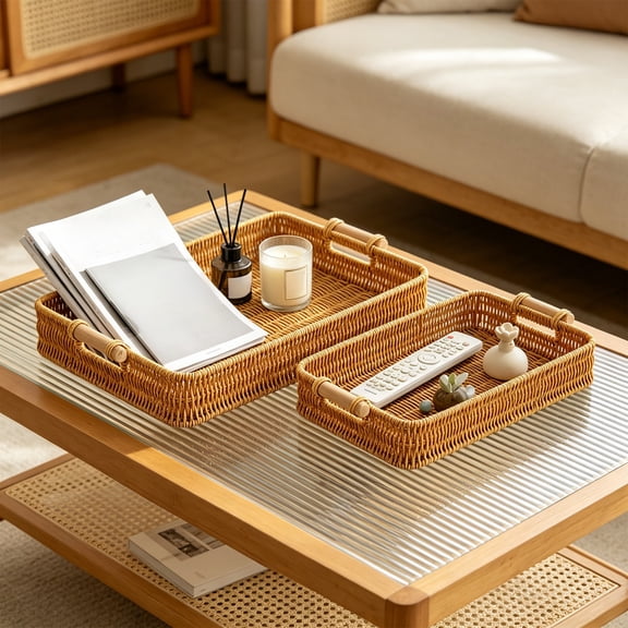 Woven Plastic Serving Tray Rectangular Rattan Style Wooden Handles Coffee Table Kitchen Home Decor Summer Outdoor Patio Accent Ornament Piece