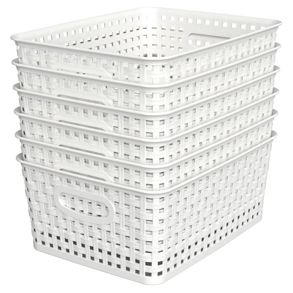 Woven Plastic Storage Baskets 6-Pack White Weave Organizer