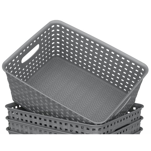 Woven Plastic Storage Baskets, Rectangular Weave Bins for Kitchen Pantry, Bathroom Shelves, Closet & Laundry Room – Stackable Organizer Bins