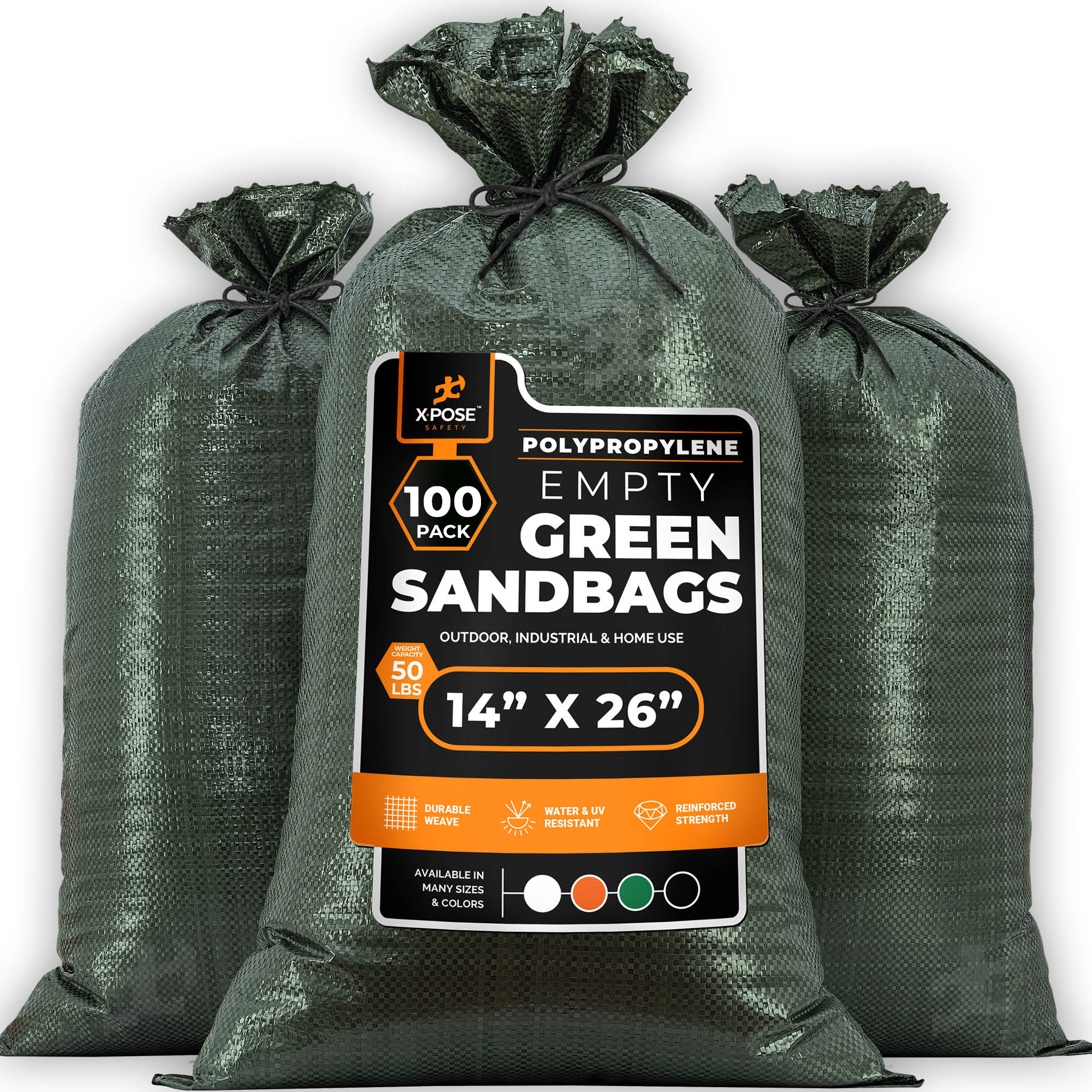 Woven Polypropylene Sand Bags for Flooding, Gravel 14" x 26" Sacks 50 lb Weight Limit, Military